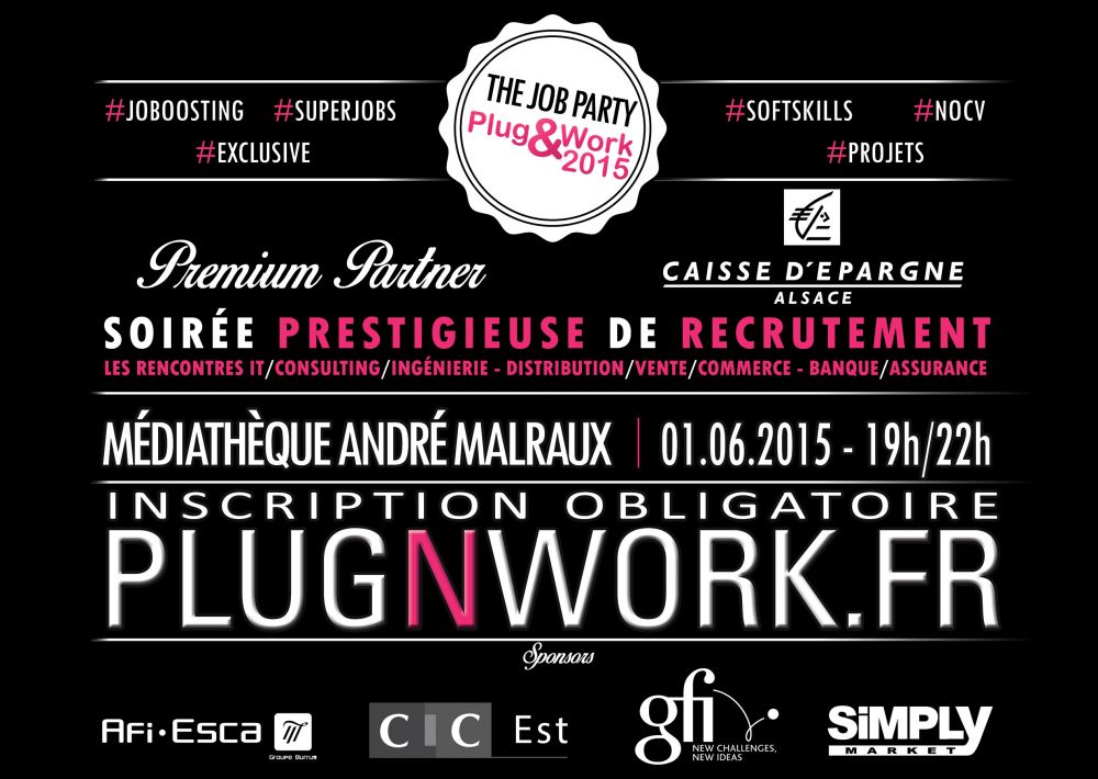 L'affiche de la soirée Plug&work, qui se déroulera le 1er juin 2015 à la médiathèque Malraux de Strasbourg. Doc remis